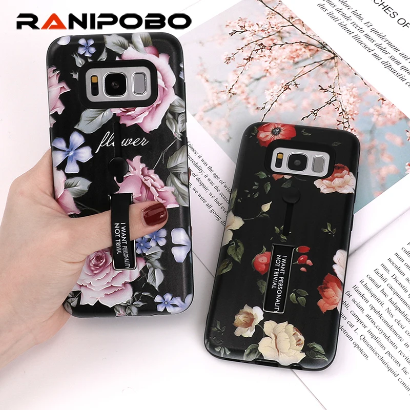 

Classical Flower silicon Ring Phone Cases For iphone 8 7 6 6s Pl us Case For Galaxy S8 S9 Plus Hide Stand Holder Cartoon Cover