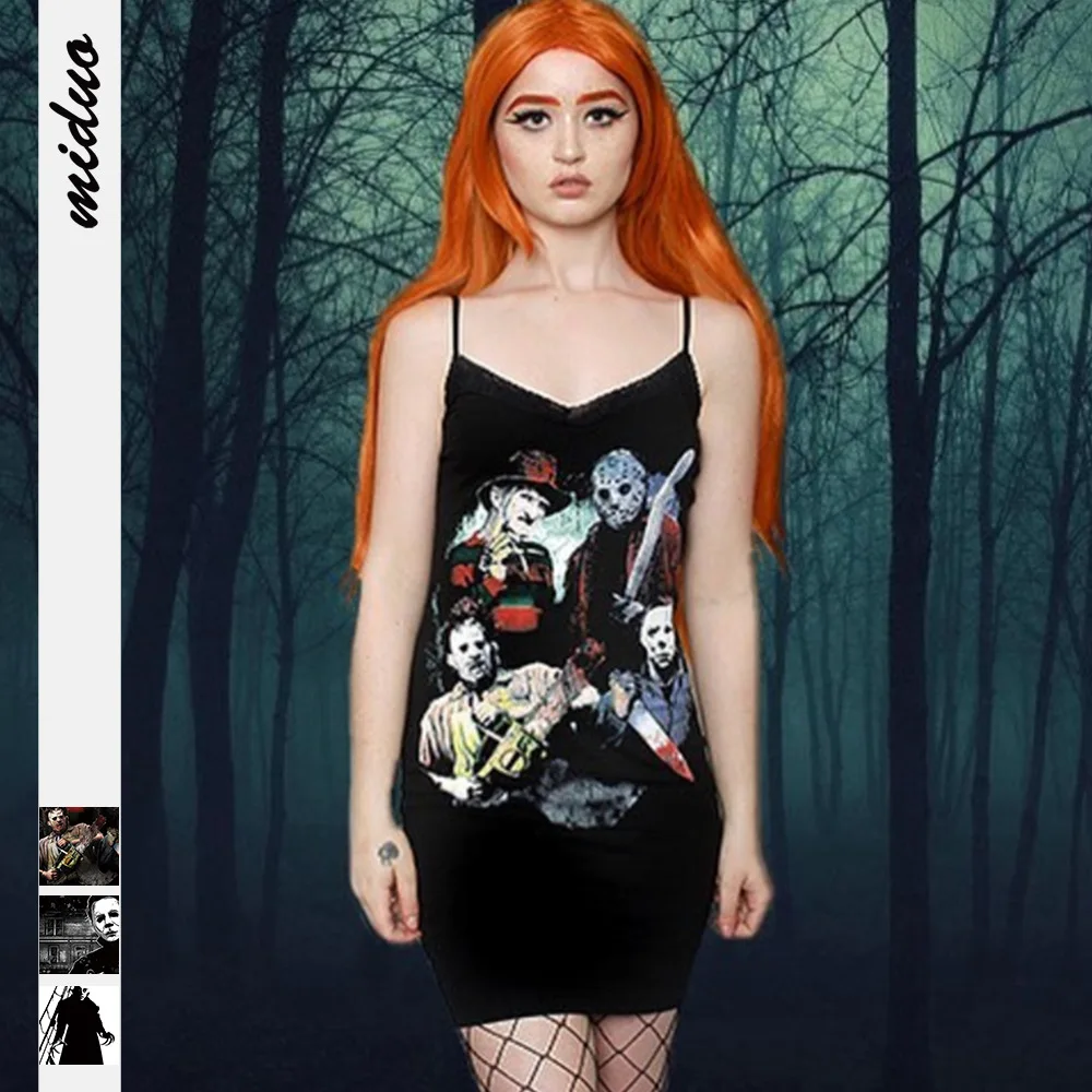 

Sexy Bodycon Mini Dress Women Spaghetti Strap Halloween Dress Summer Strapless Sleeveless Scary Print Beach Dress