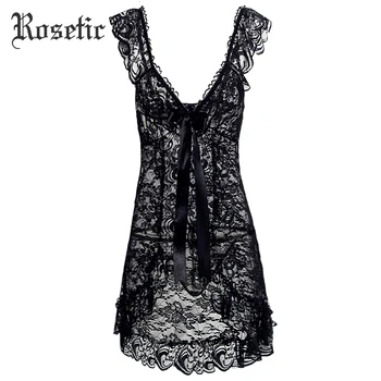 

Rosetic Women Gothic Sexy Nightgown Lace Nightgown Sleepwear Dress Deep V Hollow Dresses See-through Lingerie Plus Size Dress