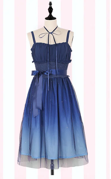 JSK/блестящие звезды; платье в стиле Лолиты; градиентное голубое нарядное платье для девочек; кружевное плиссированное платье с рюшами; комплект с рубашкой - Цвет: only short dress
