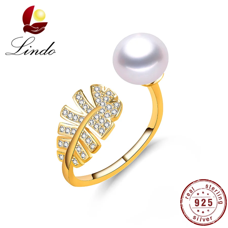 

Lindo High Quality 925 Sterling Silver Gold Color Rings Women Fashion 100% Natural Freshwater Pearl Jewelry Zircon Wedding Ring