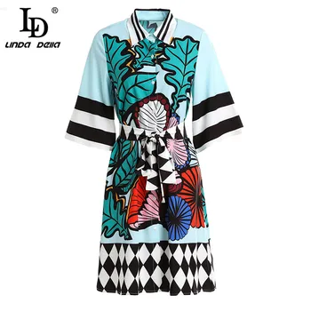 

LD LINDA DELLA 2019 Spring Fashion Runway Dress Women's Flare Sleeve Floral Print Loose Casual Vintage Belted Dress vestido