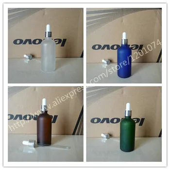 

100ml blue/green/clear/brown frosted Glass Essential Oil Bottle With shiny silver aluminum ring(lines)+white/black dropper cap.