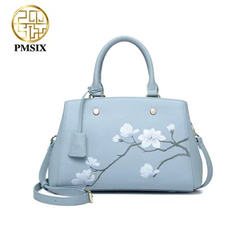 

Pmsix Elegant Women Bags Printing Flowers Cow leather Ladies Handbags High Quality Classic Tote Bag Light Blue Shoulder Bags