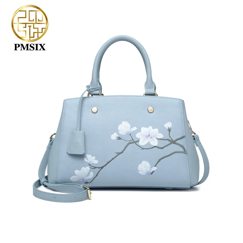 Us 77 5 45 Off Pmsix Luxurious Las Bags Real Split Leather Printing Flowers Handbags For Women Light Blue Tote Bag High Quality Classic In Us 77 5 45 Off Pmsix Luxurious Las Bags Real Split Leather Printing Flowers Handbags For Women Light Blue Tote Bag High Quality Classic In