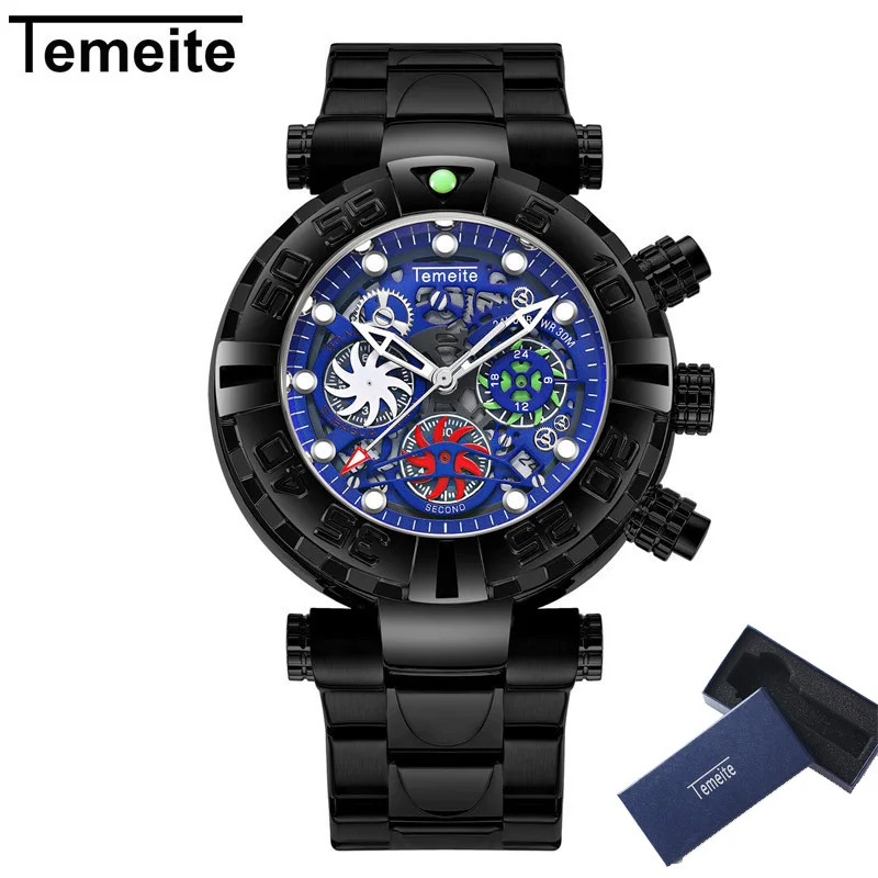

TEMEITE Sprots Multifunctional Quartz Men Watch Stainless Steel Waterproof Luxury Chronograph Wristwatch Male relogio masculino