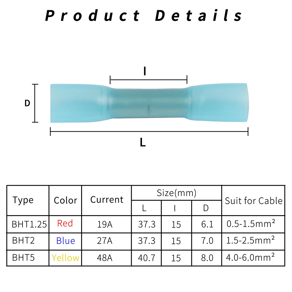 Изолированная термоусадочная обжимная Клемма прикладочная проволока Электрический разъем BHT-1,25 BHT-2 BHT-5 22-10AWG