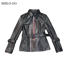 Шило GO кожаная куртка Женская Весенняя мода овчины Натуральная кожа пальто с лацканами воротник молния заклепки ремень Англия