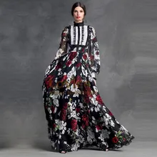 High Neck Blumenmuster Vintage Langarm Abendkleider für Abschlussball-formale Kleid Robe De Soiree Edle Runway Anzeigen tp-1