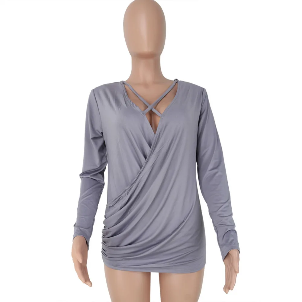 2017 Дамской одежды Тройник Полные Рукава Креста V шея Sexy Casual Tee|casual tee|fashion teesv neck |