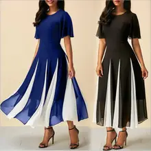 women summer elegant dresses Vestidos Black and blue elegant chiffon patchwork round-neck dress dress round neck falbala patchwork womens day dress