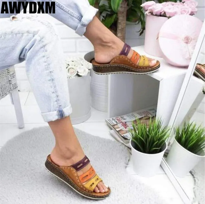 

Retro Women slippers summer platform Wedge open toe Casual shoes new ladies Fashion Color mixing Slide Beach woman shoes S150