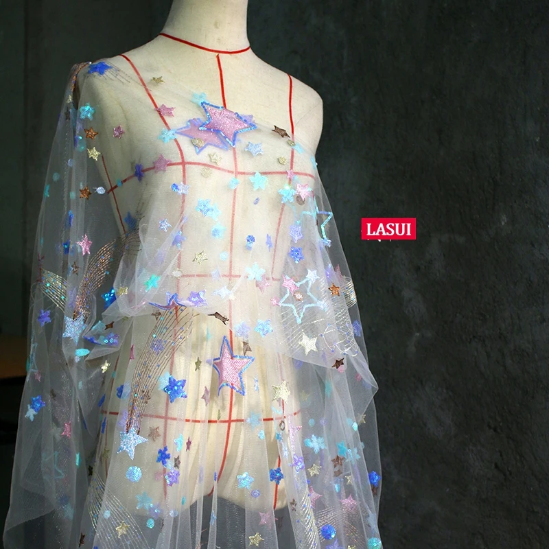 

LASUI 3 yards=1 piece Good-looking elasticity fabric Creative dress Star sequin embroidery mesh lace fabric