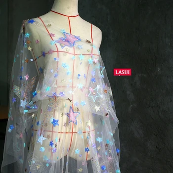 

LASUI 3 yards=1 piece Good-looking elasticity fabric Creative dress Star sequin embroidery mesh lace fabric