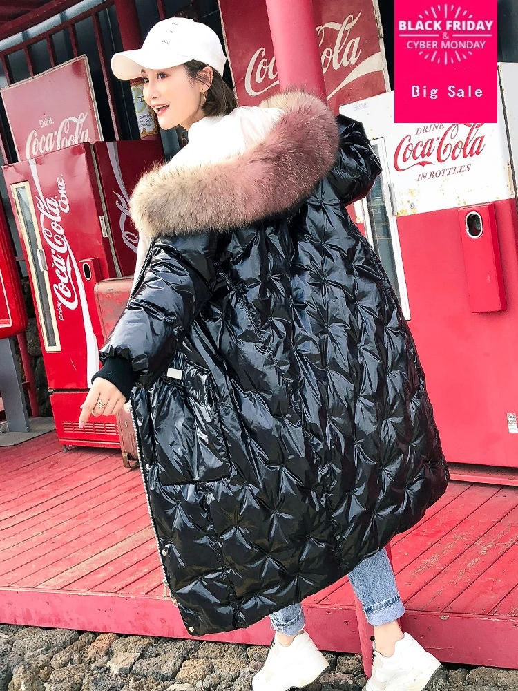

winter Fashion brand glossy fabric natural fur hooded 90% duck down parkas winter was thin longer thicker warm down coat wq635