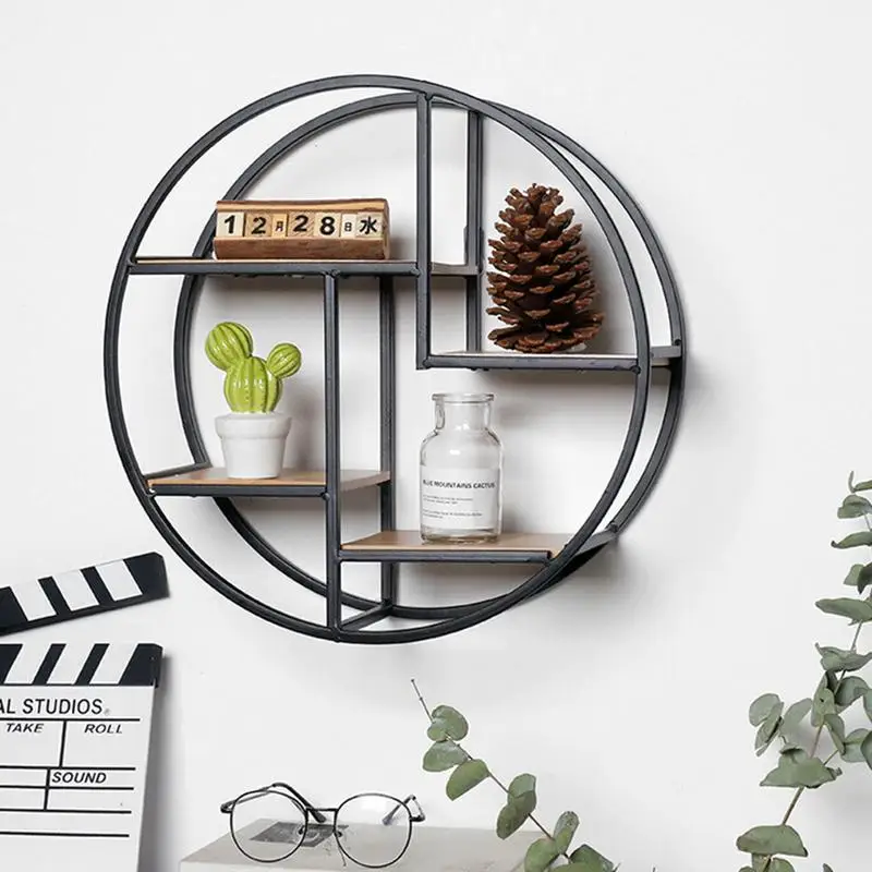 

Creative Home Solid Wood Wall Hanging Wrought Iron Wall Rack Round Wall Flower Stand Background Wall Decoration