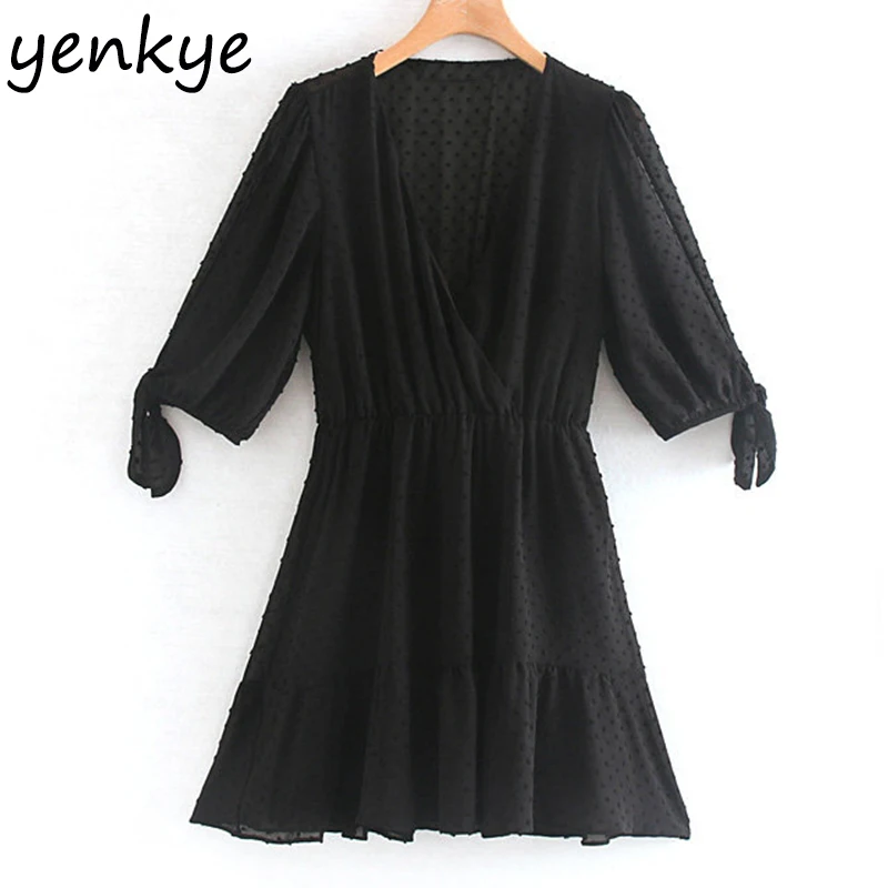 

2019 Women Sexy Slits Sleeve Vintage Black Dotted Chiffon Dress Lady V Neck A-line Mini Summer Dress Plus Size XNGC9503