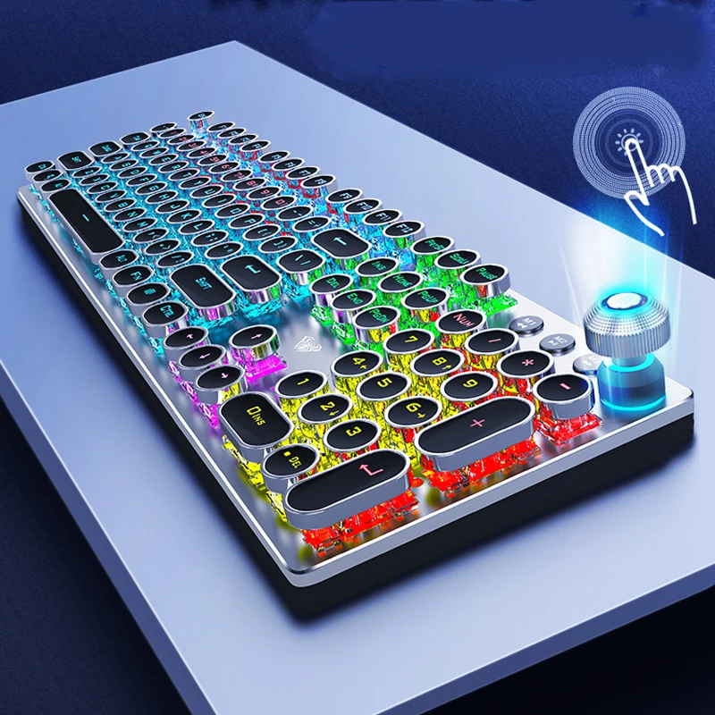 Steampunk Gaming Mechanical Keyboard Metal Panel Round Retro Keycap Backlit Wired Computer Peripherals for Desktop Laptop