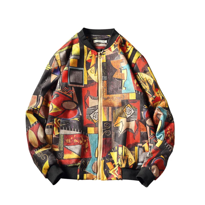 

Streetwear Fashion Mens Autumn Winter Print Jacket Plus Size Loose Casual Two Sides Print Hip Hop Bomber Jacket Men Clothing