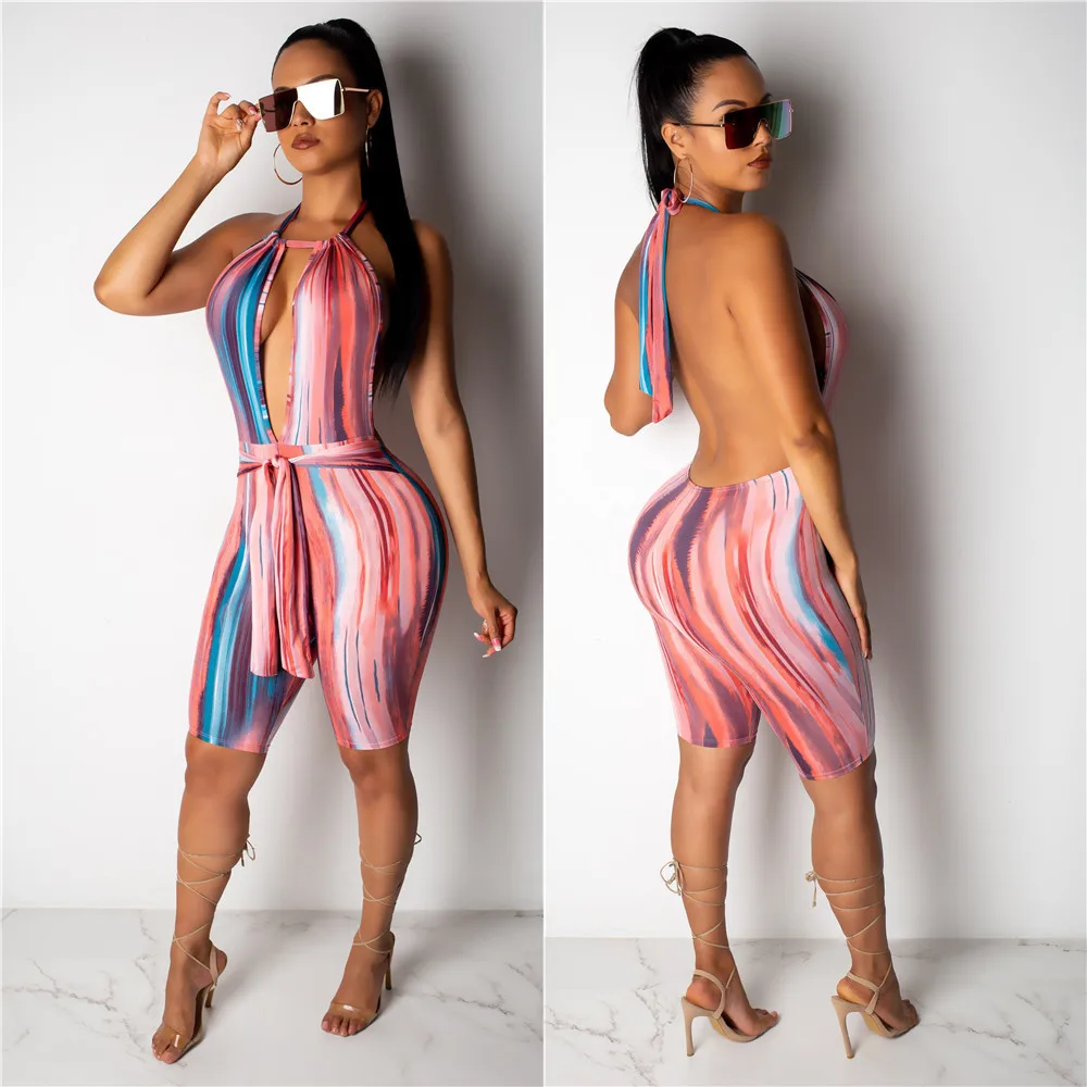

Sexy Rainbow Halter Backless Hollow Out Skinny Women Jumpsuits Wrap Bodysuits Female Playsuits