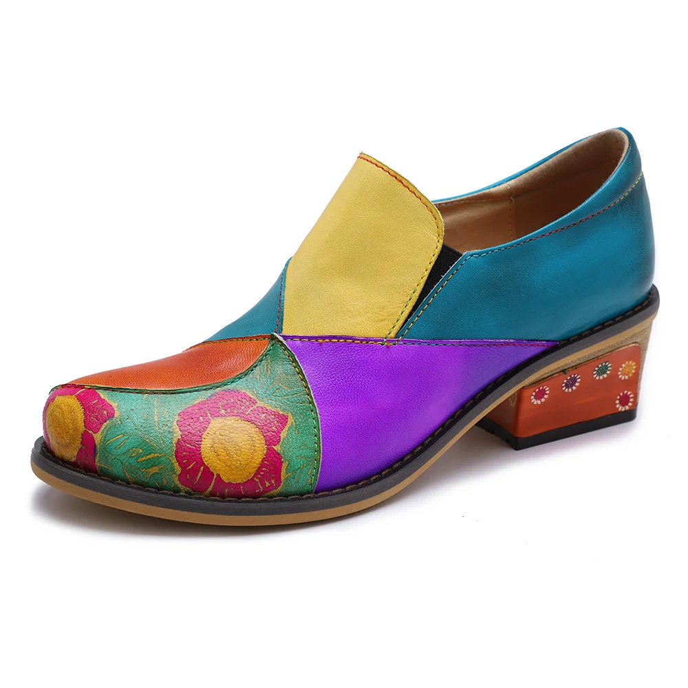 

Johnature 2019 New Spring/autumn Genuine Leather Round Toe Square Heel Leisure Handmade Mixed Colors Sewing Lady Shoes Pumps