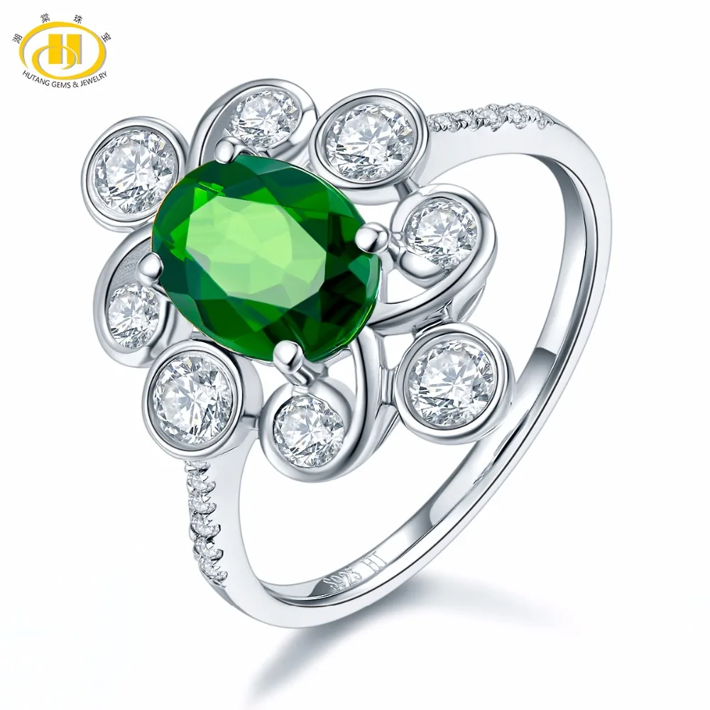 

Hutang Solid 925 Sterling Silver 1.30 ct Natural Gemstone Chrome Diopside Flower Ring Fine Jewelry Presents Gift For Women NEW
