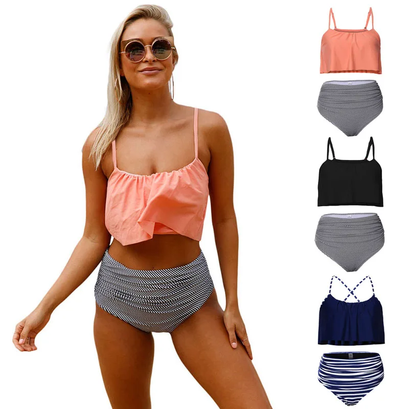 

2pcs/set Women Summer Swimsuit Tankinis Vest Strappy Ruffled Hem High Waist Panties KH889