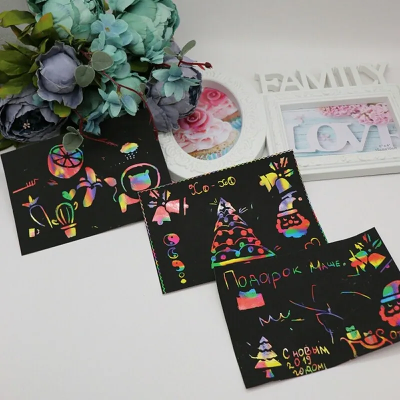 Happyxuan 50 sheets Magic Color Rainbow Scratch Paper Card Set with Graffiti Stencil for Drawing DIY Art Painting Toy Kids 