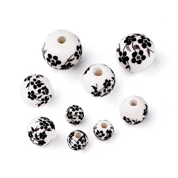 

50pcs Round Handmade Printed Flower Porcelain Beads, Black & White, 6~12mm, Hole: 2mm