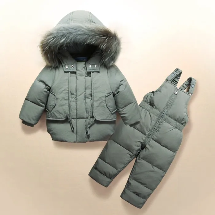 Одежда для детей; детское пуховое пальто; куртка для маленьких девочек и мальчиков; парки с меховым капюшоном+ комбинезон; зимний комбинезон - Цвет: Серый