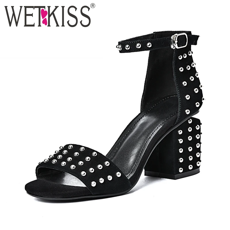 WETKISS New Arrival Rivet Women's Sandals Genuine Leather Shoes Woman Summer 2017 High Thick Heels Ankle Strap Punk Footwear WETKISS New Arrival Rivet Women's Sandals Genuine Leather Shoes Woman Summer 2017 High Thick Heels Ankle Strap Punk Footwear