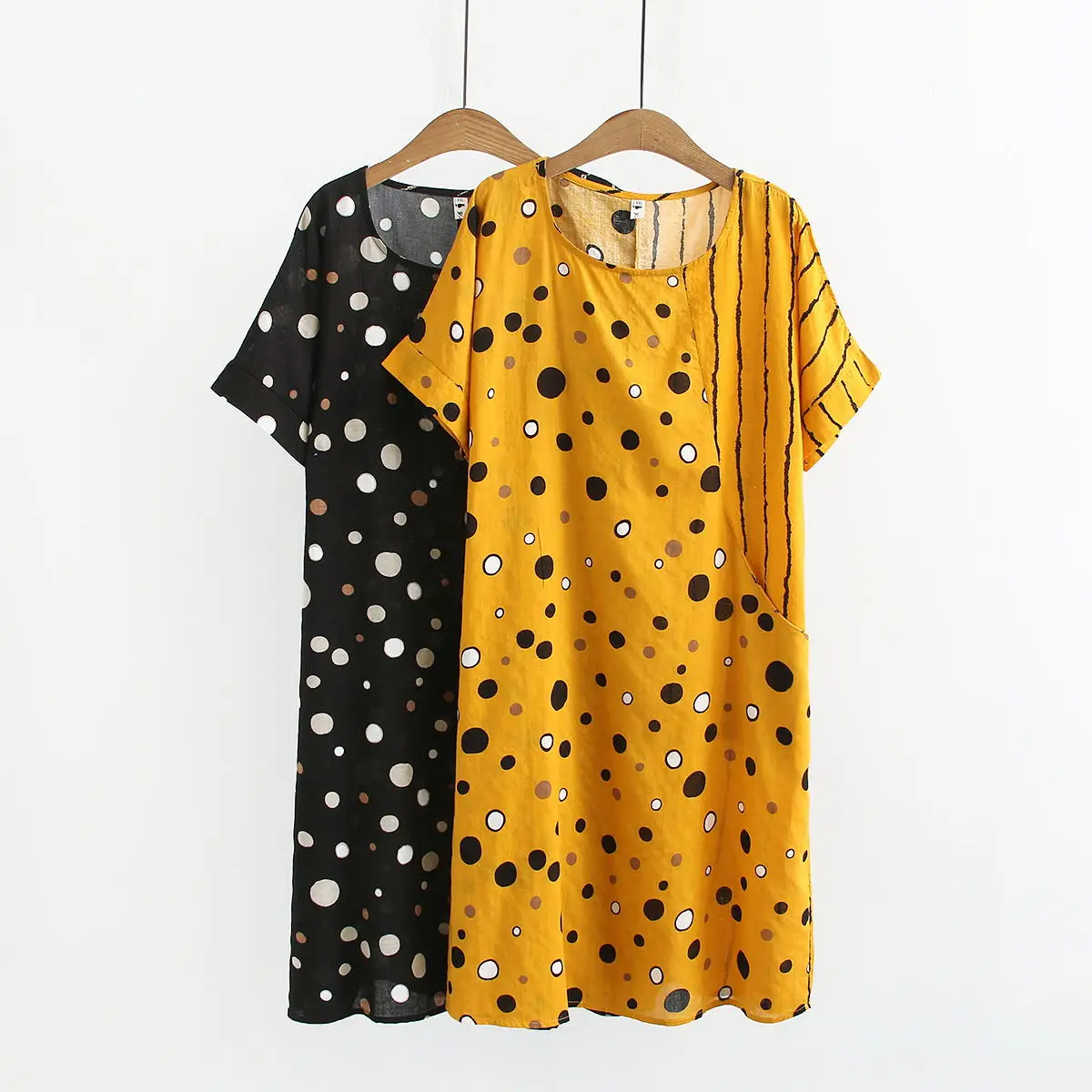

2019 Summer Vintage Cotton Polka Dot Dress Women Plus Size Retro Sundress Casual Loose Long Dresses