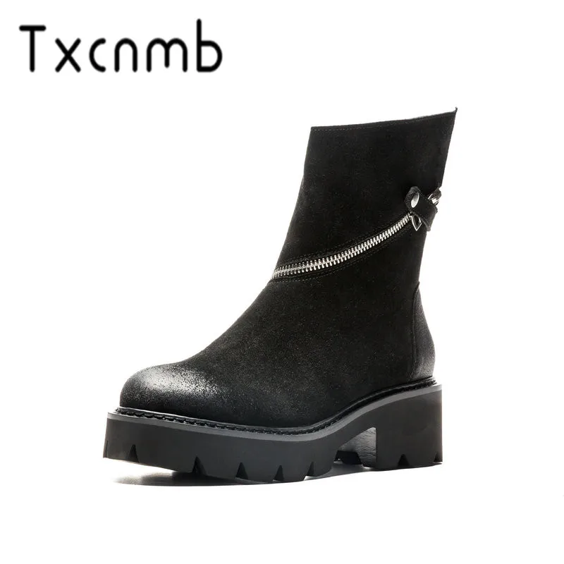 

TXCNMB 2019 Chelsea Boots Women Cow Suede Leather Round Toe Ankle Boots Square Heel Autumn Winter Platform Shoes Woman