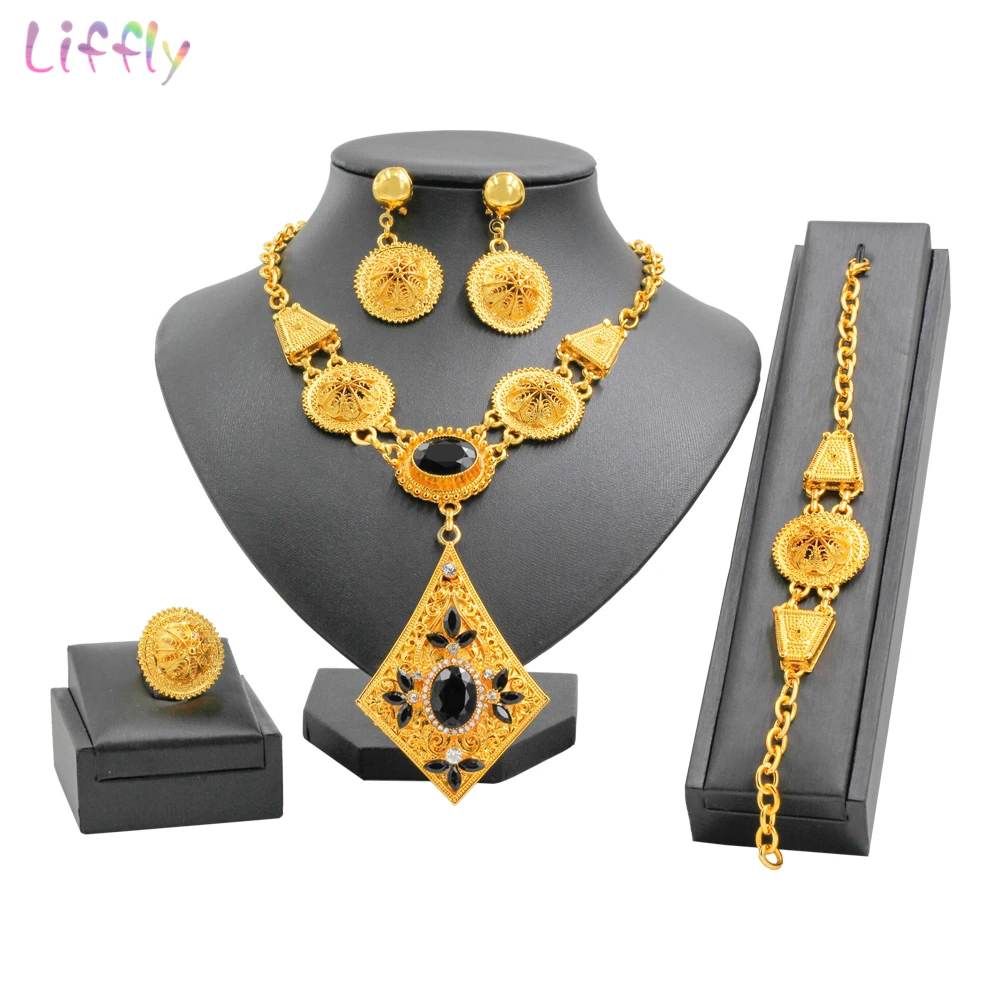 

Hot Sale Fashion Dubai Gold Jewelry Set New Year Beautiful Black Crystal Necklace Bracelet for Women Charm Bridal Earrings Gifts