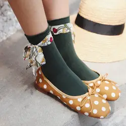 Для женщин летние Винтаж шнуровка носки лента с принтом носки, милые носки Harajuku милые животные с объемными ушками, короткие носки для