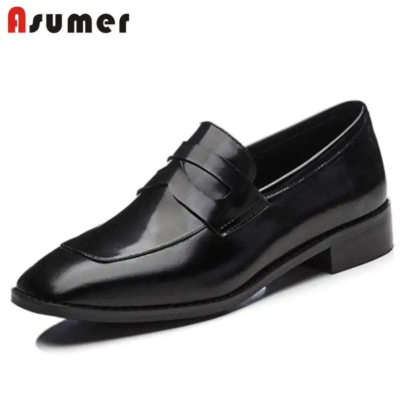 

ASUMER 2018 NEW fashion square toe pumps women genuine leather low square heel slip on sewing summer shoes casual shoes
