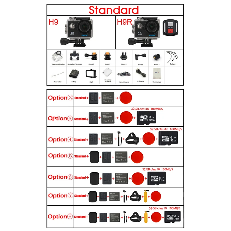 Экшн-камера eken H9/H9R 4K 30FPS Ultra HD WiFi 2,0 170D подводный водонепроницаемый шлем видеокамера s go Спортивная камера extreme pro