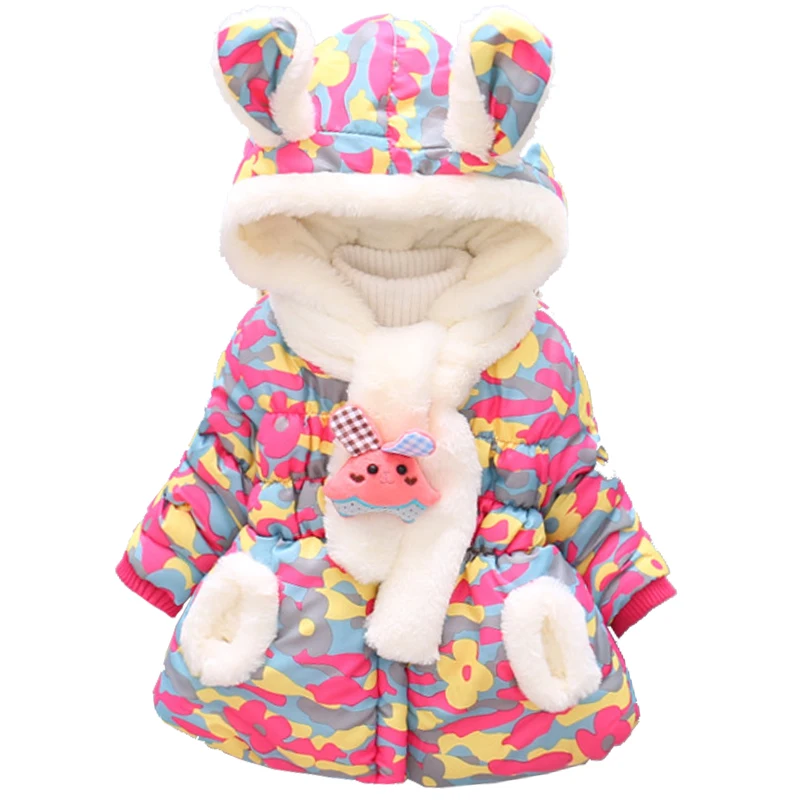 

Toddler Girls Winter Thick Coat Cute Rabbit Ears Hooded Camouflage Print With Scarf Outerwear Baby children Down Jacket Clothing