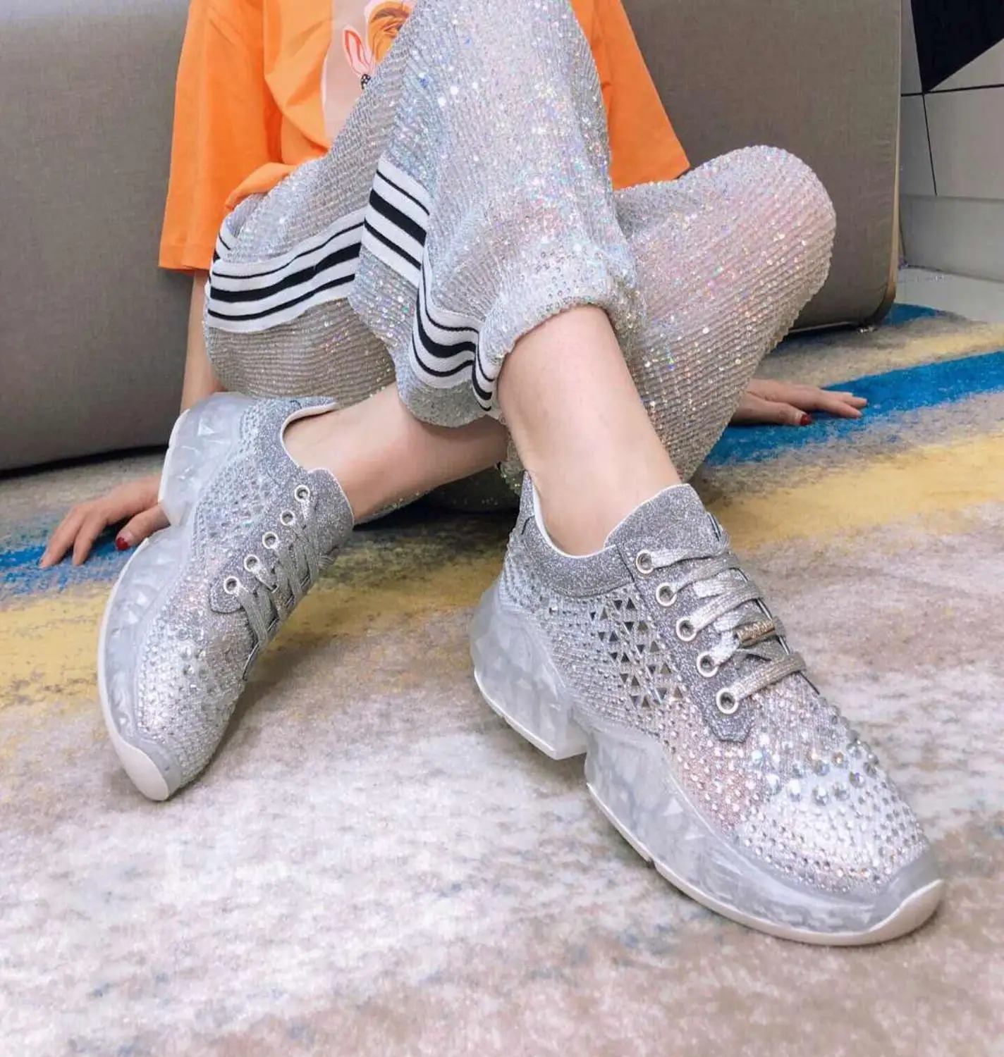 Fashion Casual Women's Sneakers Crystal Comfortable Breathable Transparent Combination Sloe Rhinestone Leisure Dady Shoes