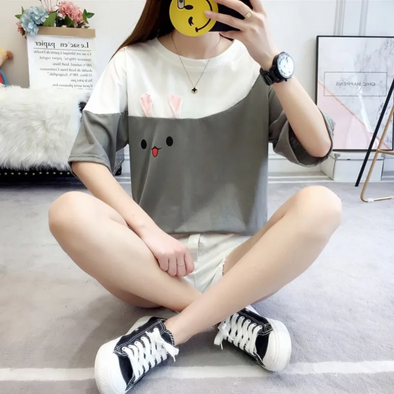 Kawaii/Дизайнерские рубашки с заячьими ушками милые футболки для девочек летние