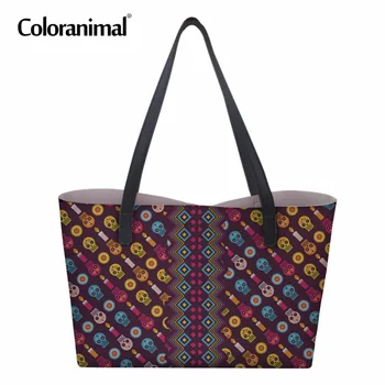 

Coloranimal Luxury Handbags Women Leather Totes Bags Retro Skull Punk Print Women Large Storage Bags Travel Beach PU Hand Bags