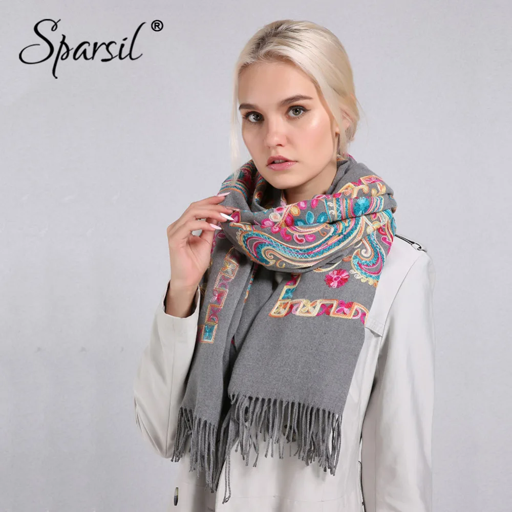 Sparsil Women Cashmere Tassel Scarves Floral Flowers Embroidery Pashmina 200*70...