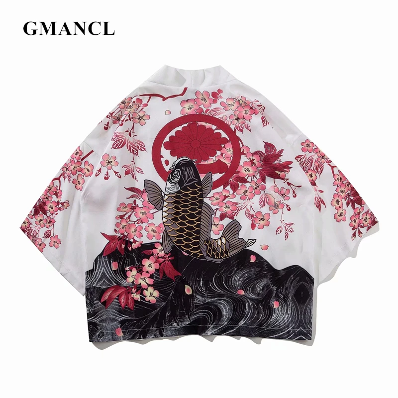 Acheter Été hommes Kimono chemise japonais koi Kimono Cardigan vestes modèles point ouvert poisson grue imprimer Harajuku vêtements manteaux