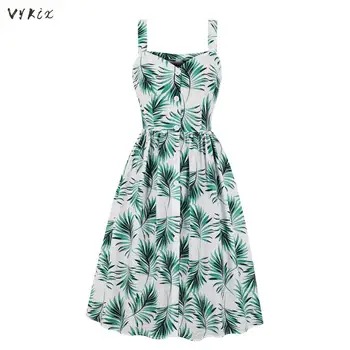 

Green Tropical Women Dress Wide Strap Sundress Button Pin Up High Waist Sexy Dress Pocket Summer Dress Vintage Party Dress
