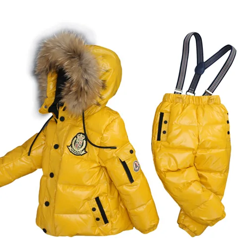 Girls Boy Snowwear Kids Winter Jumpsuit Windproof Waterproof Warm Duck Down Jacket Pants Snowboarding Children Clothing Set Suit - Цвет: Цвет: желтый