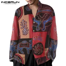 INCERUN/Мужская рубашка с принтом, хлопковая рубашка на пуговицах, свободная, с длинными рукавами, в стиле ретро, с воротником-стойкой, в китайском стиле, классические мужские брендовые рубашки