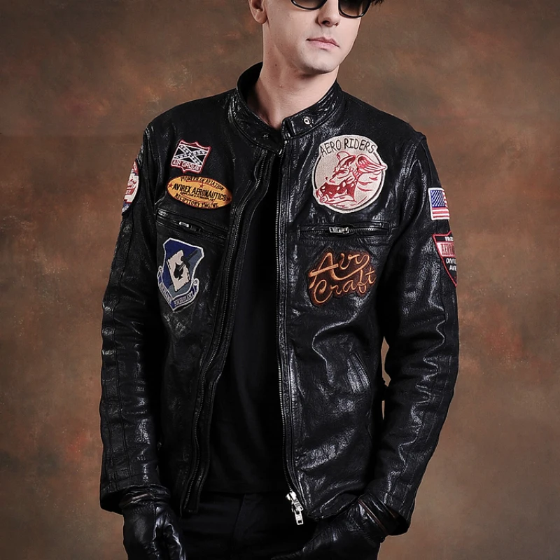 Discount air force pilot leather jacket male genuine cow leather clothing thick cowhide stand collar slim design jacket
