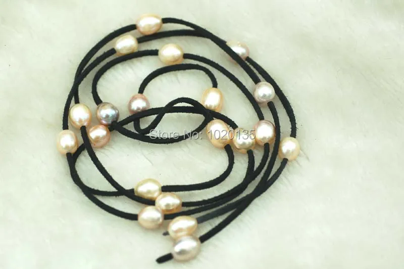 

freshwater pearl pink purple multicolor 9-13mm egg & black line 47" necklace nature beads gray line FPPJ