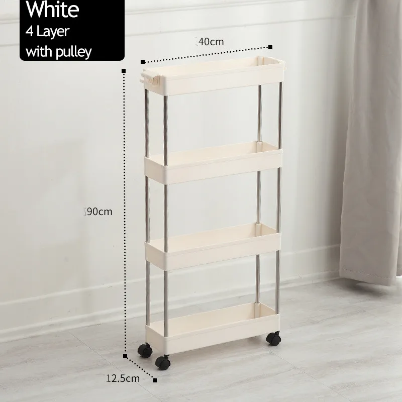 2/3/4 Layer Gap Storage Rack Kitchen Slim Slide Tower Movable Assemble Plastic Bathroom Shelf Wheels Space Saving Organizer - Цвет: Beige-4 Layer