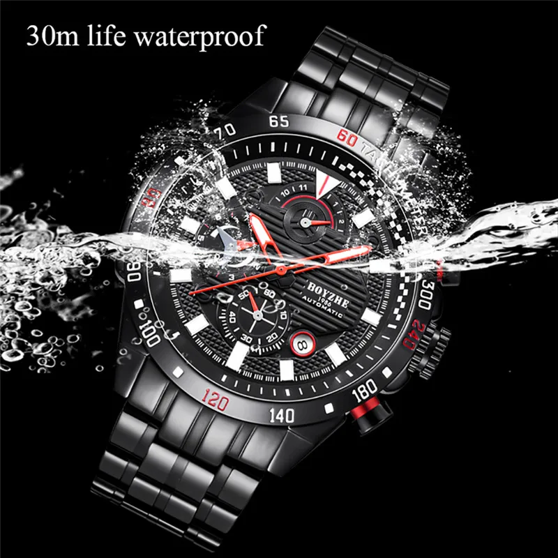 BOYZHE الرجال الذاتي الرياح ساعات آلية للماء التلقائي ووتش الرجال الفولاذ المقاوم للصدأ الأسود Relojes هومبر 2019 دروبشيب